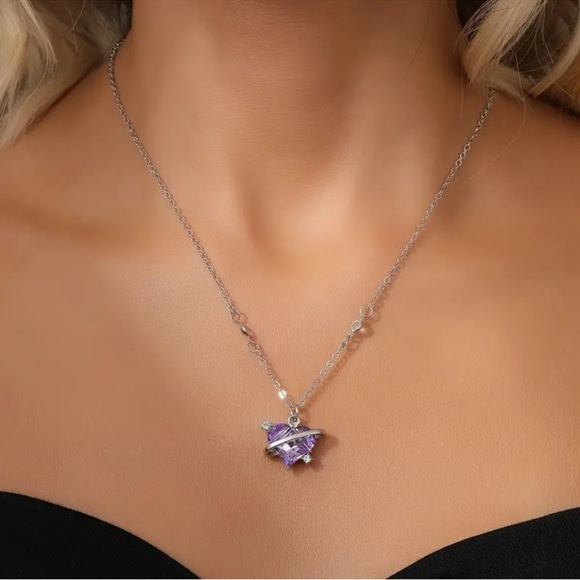 Silver Color Heart Necklace with a Purple Rhinestone - Picture 2 of 6